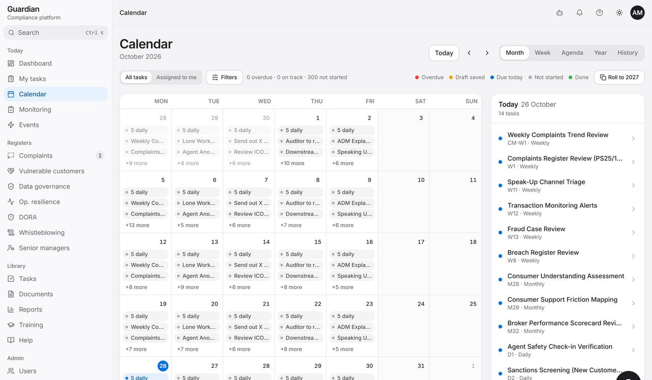 Guardian calendar for October 2026 with daily, weekly and monthly compliance tasks and today's list