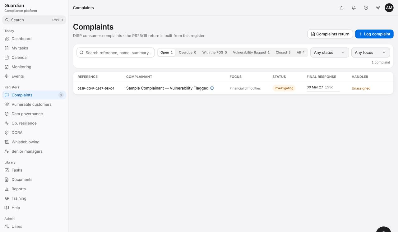 Guardian complaints register with a complaint's DISP final-response clock, focus and status