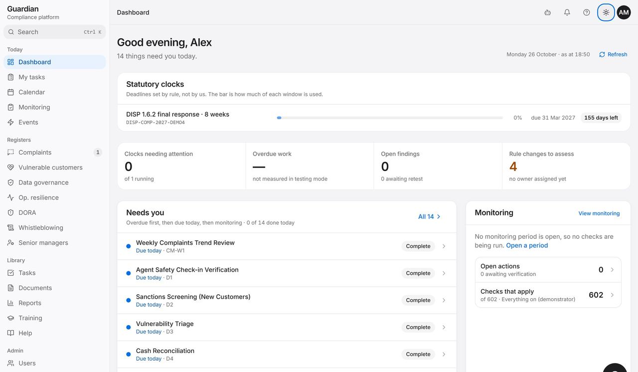 Guardian dashboard: the statutory clock for a DISP 1.6.2 final response, the four tiles including rule changes to assess, and the list of what needs the user today