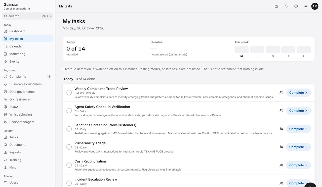 Guardian My tasks list with fourteen tasks due today