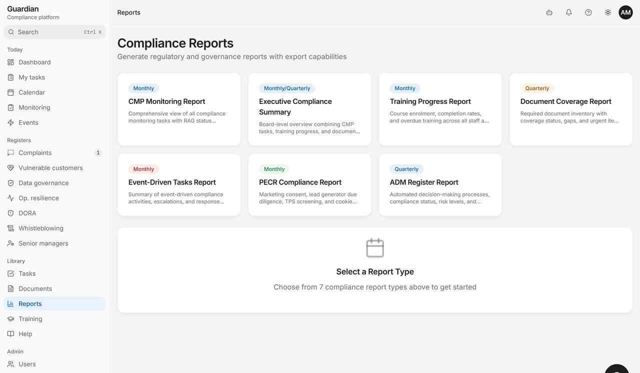 Guardian compliance reports: monitoring report, executive compliance summary, training, event-driven tasks and other report types