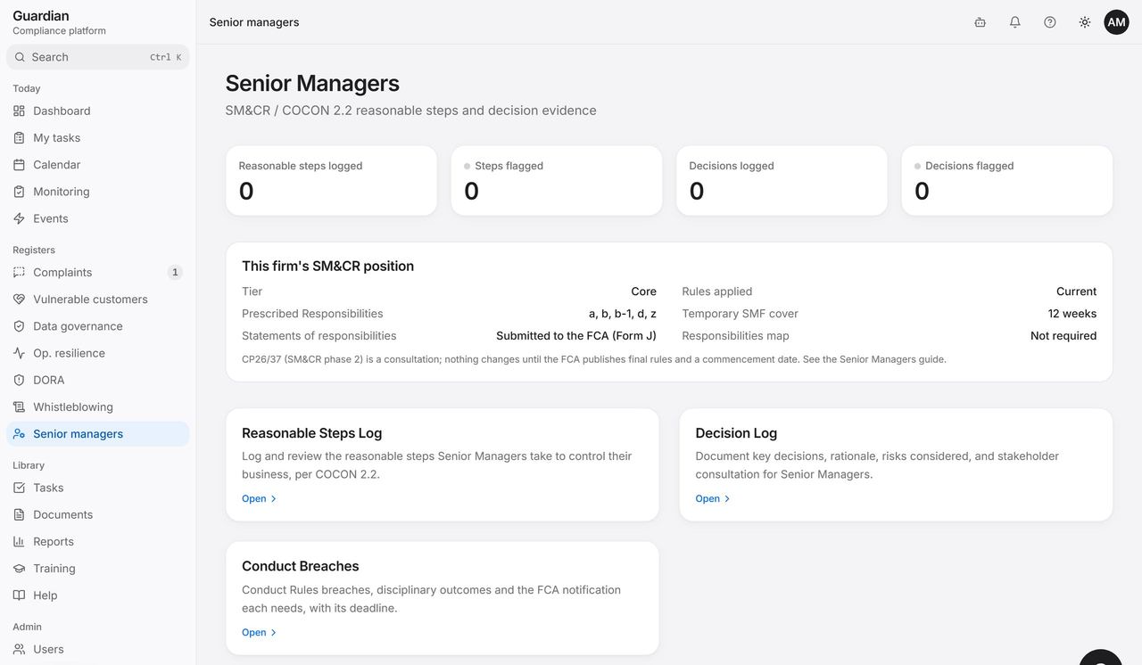 Guardian senior managers page: reasonable steps log, decision log and conduct rules matters